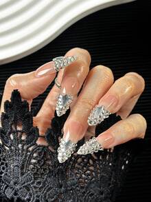 10pcs Handmade French Style Pointed Nail Stickers, Colorful Fingertips, Rhinestone Inlaid, Hand-Painted Creative Patterns And 3D Art Design, Full Coverage Glitter False Nails, Suitable For Dates, Parties, Gatherings, Outings And Special Occasions - Multicolor - View 2