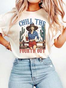 Workout Shirts Women Chill The Fourth Out Shirt, Retro 4th Of July Shirt, Funny Fourth Of July Shirt, Patriotic Cowgirl Shirt, USA T-Shirt, American F - 白色 002 - 查看 1