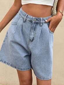 Short Vaquero Mujer Azul Marino Oscuro De Algodón, Cintura Alta Entallada Moldeadora, Gran Bolsillo Frontal Cuadrado Práctico Y Bolsillos Traseros, Diseño De Costuras Reforzadas, Tejido Denim Ligero Transpirable Y Cómodo, Corte Holgado Recto Ancho, Estilo Casual Urbano Ideal Para Uso Diario, Primavera Y Verano - Lavado ligero - Ver 3