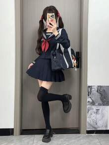 2026 年新作 オリジナル日系 JK セーラー服 三本ライン関西襟 校供感 水玉リボン付き 上下 2 点セット レディース  キュート  カジュアル  パーティー    タッセル - 紺色の長袖トップス+赤いネクタイ+紺色のスカート - チェックする 5
