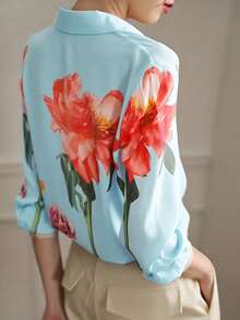 Women's Floral & Leaf Print Contrast Color Button-Front Casual/Office/Commute Shirt - Light Wash - View 5
