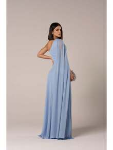 Long Wedding Dress For Bridesmaid - Flowing Style With Cape And Slit - Serenite Blue - View 2