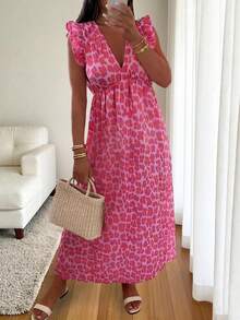 Colorful Leopard Print Loose Casual Romantic Comfortable Backless Tie Strap Dress Vacation Elegant Pink Party Summer - Pink - View 3