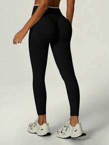 UONNOU Calça de ioga modeladora de cintura alta com cores contrastantes para maior afinamento do corpo. - Preto - Ver 3