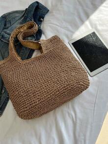 Minimalist Straw Bag Double Handle Vacation Large Capacity Beach Bag, Beach Purse, Perfect For Summer, Vacation & Daily Use, Travel Must Haves - 卡其色 - 查看 9