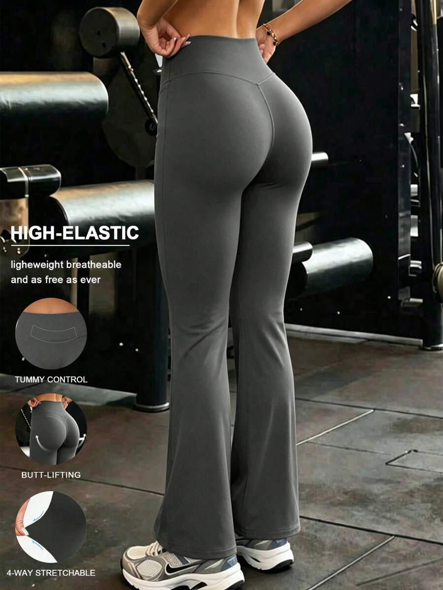 GAOVOT Women's Summer Grey Casual Slim Fit Crossover V-Neck High Waist Tummy Control Flare Pants, Suitable For Pilates, Yoga, Fitness, Cycling, Commuting And Multipurpose Wear Spring - Dark Grey - View 1