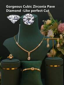 5pcs 18K Gold Plated Elegant Luxury Series, Teardrop Pendant Design Bridal Wedding Jewelry Set, Handset White Cubic Zirconia, Including Necklace, Bracelet, Earrings, Ring, Suitable For Daily Wear, Wedding, Mother's Day Gift - Water Droplet Design - View 4