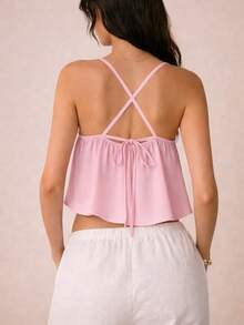 Women's Tank Top With V-Neck Front And Tie Back, Viscose Twill Fabric, Adjustable Thin Straps - 淺粉色 - 查看 4