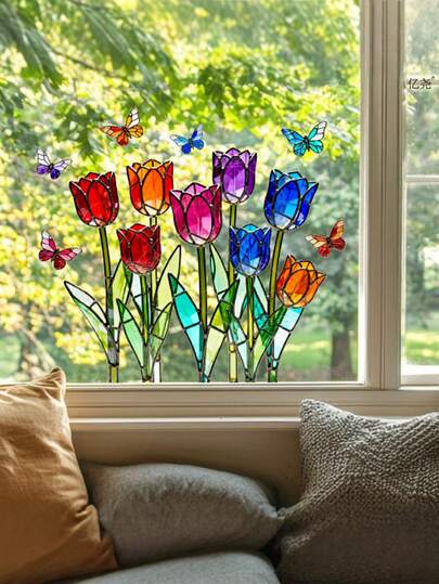 1pc Colorful Tulip & Butterfly Static Cling Window Film, Reversible Stained Glass Effect Decal For Kitchen, Bedroom, Sunlight Reflection