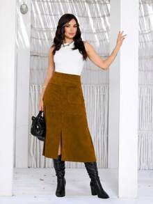 Women's Casual Elegant Suede Midi Skirt With Pockets, Front Slit, And Back Zipper - Sizes S, M, L, XL - 巧克力棕 - 查看 6