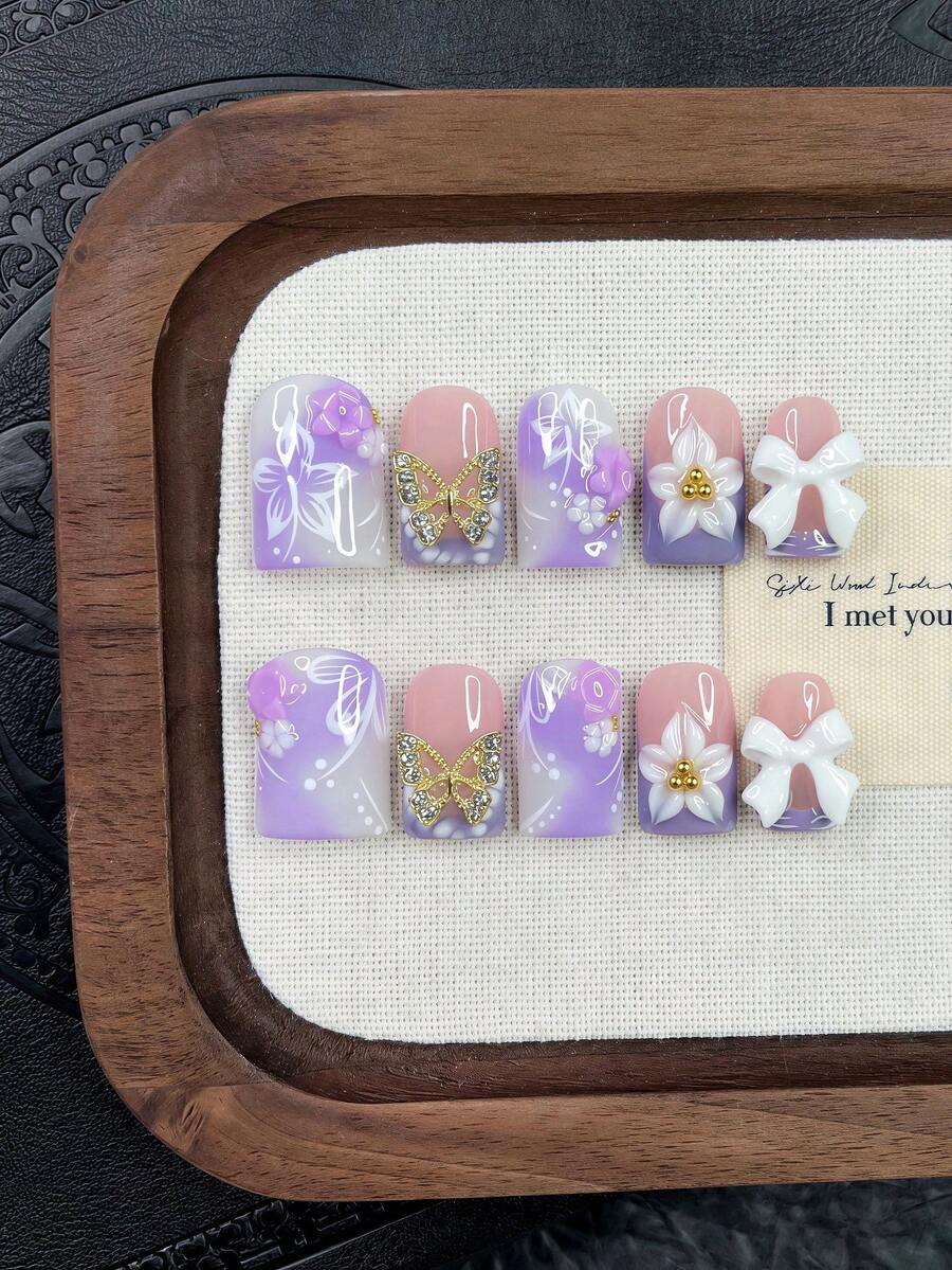 10片装Y2K美甲方形按压式美甲套装 - 手工制作,粉色美甲,蓝色美甲,蓝色法式美甲,手工3D立体花朵美甲,手绘白色小花和白色花枝以及蓝色渐变美甲设计,蓝色小花和白色小花装饰,闪亮白色蝴蝶结装饰 - 彩色 - 查看 1