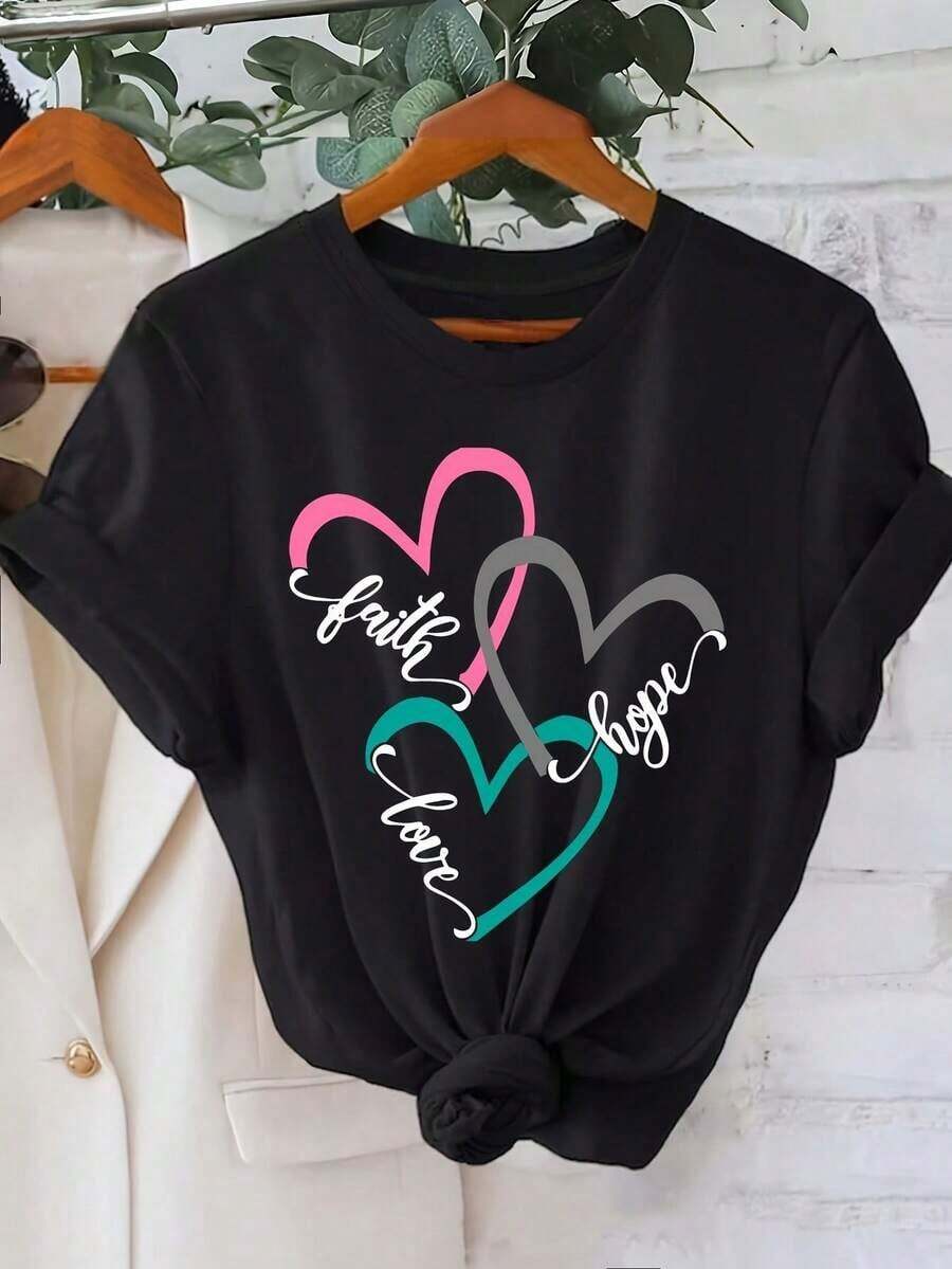 [Faith T-Shirt] Women's Plus Size Faith Love Hope Polyester T-Shirt | Casual Short-Sleeve Crew Neck Tee, Comfortable Fit For All Seasons - 200gsm Fabric - Black - View 1