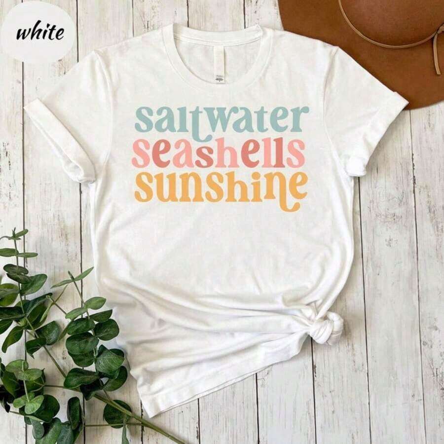 Sunshine Shirt With Saltwater Shells, Summer Shirt, Beach Shirt, Saltwater Shirt, Shell Shirt, Sunshine Shirt, Summer Travel Shirt, Vacation Shirt, Women's Shirt, Gift For Women In Summer - White - View 1