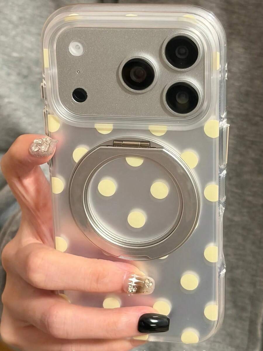 可爱全包波点透明手机壳 + 360° 磁吸指环支架，兼容 17 Pro Max、17 Pro、17、16 Pro Max、16 Pro、16、15 Pro Max、15 Pro Max、15 Pro、15、14 Pro Max、14 Pro、14、13 Pro Max、13 Pro、13，柔软硅胶后盖，支持无线充电 - 黃色波點 - 查看 1