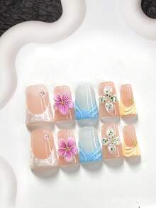 10片裝海灘風手工穿戴甲，Polygel美甲套組，3D浮雕波浪圖案，紫藍黃色系，夏季風格，含美甲工具，3種尺寸可選，杏仁/鴨嘴/棺材形，適合派對、跳舞、日常配戴 - 彩色 - 查看 2
