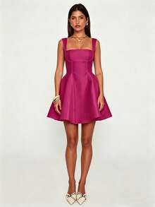 Women's Flower Embroidery Boho Mini Dress Backless Self-Tie Bowknot Square Neck Wide Straps Ruffle Mini Dresses Sleeveless Summer Vacation Short A-Line Dress - F12565-hot Pink - View 3