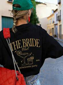 女士夏季圆领短袖T恤，印有“THE BRIDE, EST. 2026”字样，适合单身派对、夏季、海滩、街头风、休闲、工作、办公室聚会等场合，黑色。 - 黑色 - 查看 2