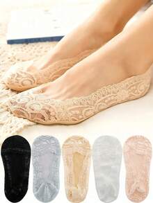 5 Pairs Girls' Summer Silicone Lace Boat Socks, Invisible Non-Slip Liner Socks - Multicolor - View 2