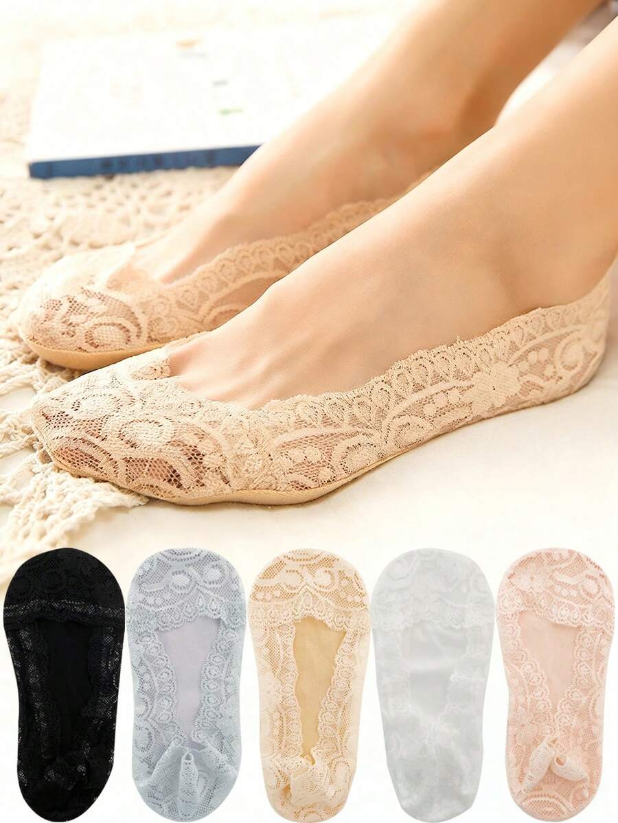5 Pairs Girls' Summer Silicone Lace Boat Socks, Invisible Non-Slip Liner Socks