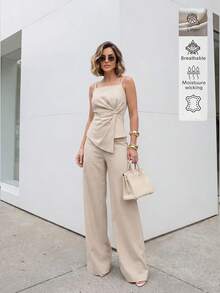 Leinen einfarbig elegantes lässiges rückenloses Top und weite Hose Zweiteiler Damen Sommer Set, lässiger Outfit für Damen - Aprikosenfarben - Übersicht 3