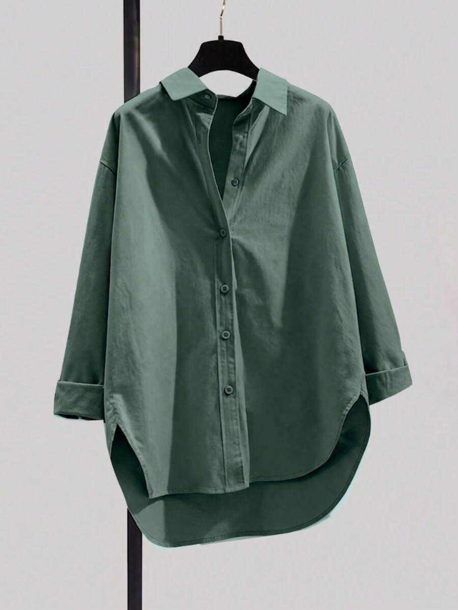 Minimalist Lapel Long Sleeve Loose Women's Shacket, Featuring Shirt Collar And Asymmetric Hem Design Spring - Bean Green - View 1