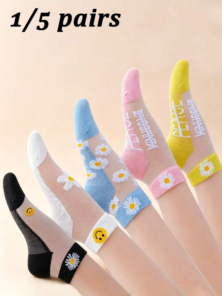 1/5 Đôi tất nữ mùa xuân/hè họa tiết hoa cúc, tất cổ ngắn thoáng khí, thời trang, thích hợp mặc hàng ngày và ở nhà. - Nhiều màu - Xem 1