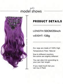 Extensiones de cabello ondulado de 20 pulgadas, 7 piezas/set, piezas de cabello con borde grueso, diseño de clip invisible, fibra sintética suave, color púrpura, solo para mujeres - Multicolor - Ver 6