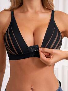 1pc Front Closure Mesh Patchwork Striped Lace Wireless Thin Cup Bra Without Padding, Easy To Wear - Black - View 5