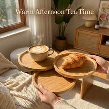 耐用胡桃木色竹木圆形托盘，符合人体工学的日式茶盘，适用于盛放干果、开胃菜和烧烤的重型餐盘 - 杏色 - 查看 3