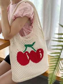 New Summer Hollow Out Shoulder Bag, Pink Knitted Bag, Handmade Crochet Fashion Beach Minimalist Tote Bag, Cherry Print Crochet Large Capacity Travel Shopping Handbag For Women - Multicolor - View 8
