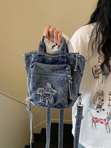 Geantă nouă, casual și elegantă, din denim, cu stele Y2K - un accesoriu de modă versatil care poate fi purtat ca rucsac, geantă tote, geantă de umăr sau geantă crossbody, perfectă pentru serviciu, naveta, vacanțe, călătorii și școală. - Albastru - Vizualizare 3