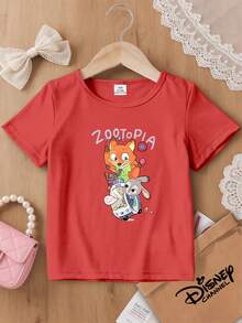 1 Piece Kids' Disney T-Shirt, Zootopia Nick And Judy Cartoon Print, Unisex Summer Versatile Short Sleeve Top. This Baby Girl's Clothing Is Le For Daily Wear, Versatile And Breathable, Perfect For Spring And Summer, Vacations, Outdoor Activities, Amusement Parks, And Makes A Great Gift For Kids. - 紅色 - 查看 9