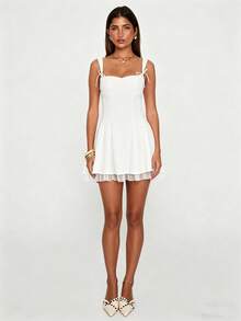 Women's Flower Embroidery Boho Mini Dress Backless Self-Tie Bowknot Square Neck Wide Straps Ruffle Mini Dresses Sleeveless Summer Vacation Short A-Line Dress - Ivory - View 3