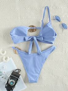 Bộ bikini hai mảnh màu xanh khói thanh lịch, gợi cảm, kiểu dáng trễ vai, kèm trang sức vàng, chất liệu co giãn thoải mái, thích hợp cho mùa hè, kỳ nghỉ biển, lễ hội, tiệc tùng, các hoạt động ở bãi biển và hồ bơi. - Màu xanh bụi bặm - Xem 3