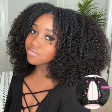 V Part Wig Human Hair Kinky Curly For Women Human Hair Glueless V Part Human Hair Glueless Wig Afro Kinky Curly Human Hair Wig Beginner Friendly 180% Density Natural Color - Natural Black - View 6