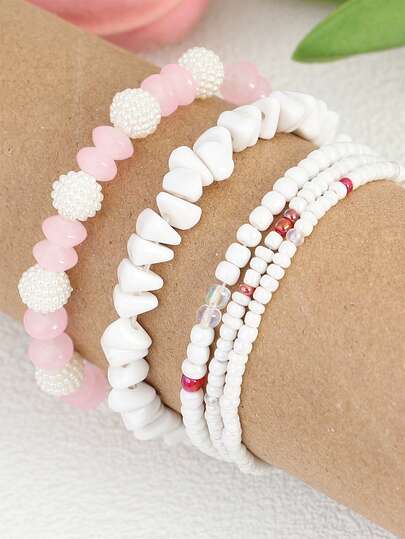 5pcs Bohemian Style Beaded Elastic Bracelet Set, Suitable For Women's Daily Wear, Beach, Party, Date, Gift For Girlfriend, Mother's Day