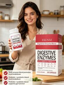 Digestive Enzymes Supplement With Prebiotics Probiotics 16 Enzymes 150mg Prebiotics 1B CFUs For Digestive Health Bloating Relief And Improved Nutrient Absorption 60 Capsules - - - 查看 2