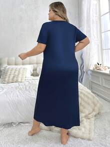 Áo ngủ tay ngắn cỡ lớn dành cho nữ, màu xanh dương, kiểu váy dài, đồ ngủ, chất liệu nhẹ, rộng rãi, thích hợp mặc thường ngày, mùa xuân/hè. - Màu xanh lam - Xem 2