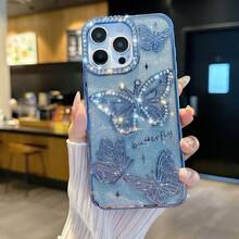 Suitable For Apple 16 Pro Max Phone Case,  16E New Model, Cross-Border Butterfly Diamond Soft Case, 13 Full Protection Anti-Drop - Giấy màu xanh dương + giấy kim tuyến - Xem 2