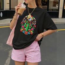 Camiseta Negra con Estampado de Águila y Cactus para Mujer Verano Casual - Negro - Ver 3