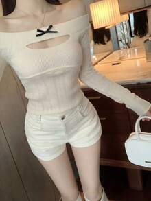 时尚性感女士露肩长袖镂空毛衣，蝴蝶结露肩套头衫，适合约会、外出、通勤和日常穿着。 - 杏色 - 查看 2