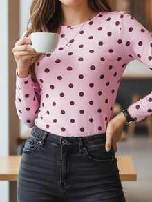 Women Long Sleeve Shirts Dots Print Slim Fit Tops Basic Tee 2025 Fall Outfits Casual T-Shirt Underscrubs Layer Clothes - 粉色 - 查看 1