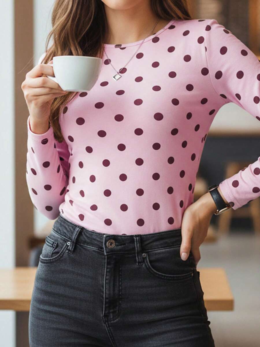 Women Long Sleeve Shirts Dots Print Slim Fit Tops Basic Tee 2025 Fall Outfits Casual T-Shirt Underscrubs Layer Clothes - 粉色 - 查看 1