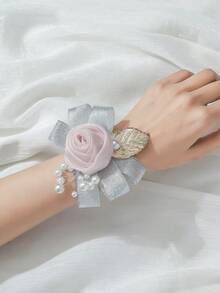 1pc Pale Pink Rose Flower Wrist Corsage With Rhinestones, Suitable For Wedding Decoration - Baby Pink - View 4