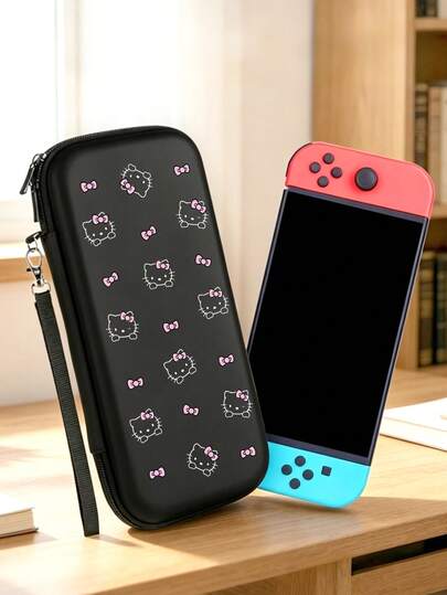 SANRIO Túi đựng máy chơi game Switch hình Hello Kitty với 10 khe cắm thẻ game, hộp đựng bảo vệ cứng cáp khi đi du lịch, túi đựng phụ kiện Switch di động dễ thương, màu đen với nơ hồng, hộp đựng máy chơi game cầm tay bằng chất liệu EVA cứng cáp.