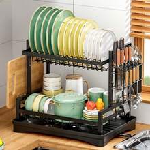 1 pieza Escurridor de platos, escurridor de platos ahorra espacio, escurridor de platos para encimera de cocina, escurridor de platos de acero inoxidable con soporte para utensilios, adecuado para tazones, platos, cuchillos, cucharas y tenedores - Negro - Ver 3
