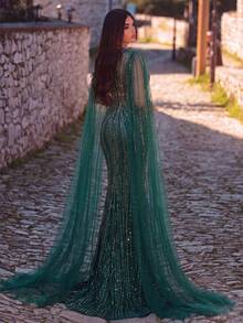 Faeriesty Đầm dạ hội sang trọng dành cho nữ – Đầm đuôi cá đính sequin màu xanh ngọc lục bảo, tay áo kiểu áo choàng lãng mạn, điểm xuyết đá quý lấp lánh, thích hợp cho các sự kiện trang trọng, tiệc prom và đám cưới. - Màu xanh lá cây đậm - Xem 5