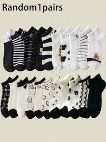 Random 10 Pairs Unisex Sporty Low Cut Black & White Cute Short Socks - Multicolor - View 9