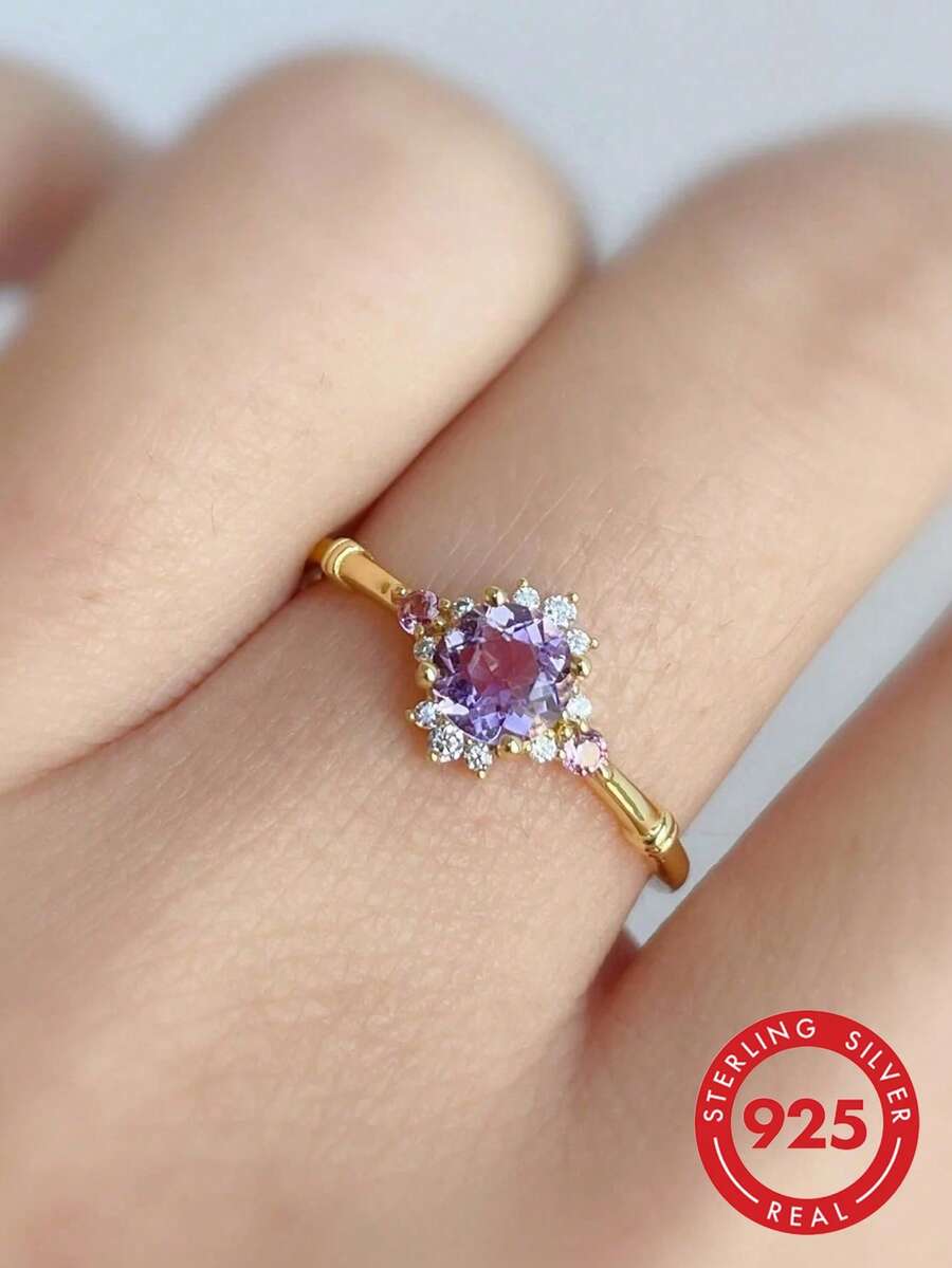 BALMORA 1pc Rose Queen S925 Silver Plated 18K Gold Vintage Ruby Zirconia Pure Silver Ring, Exquisite & Elegant Gift For Girls