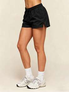 mulinsen Women's Casual Drawstring Waist Sports Shorts With Side Slit Pockets - Black - View 3